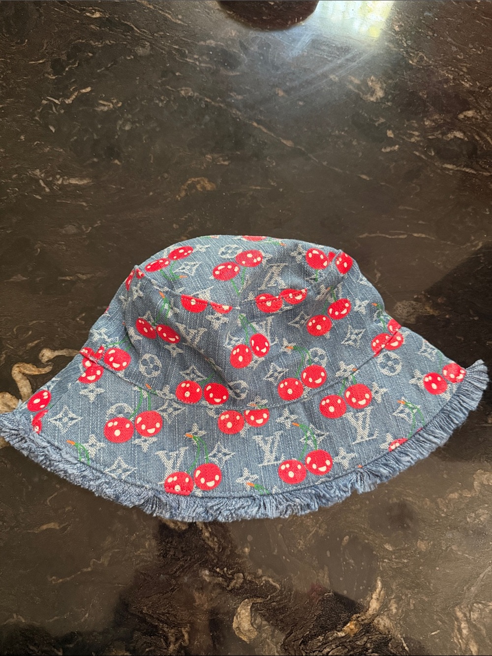 Designer-Style Kids Denim Cherry Bucket Hat - Blue & Red